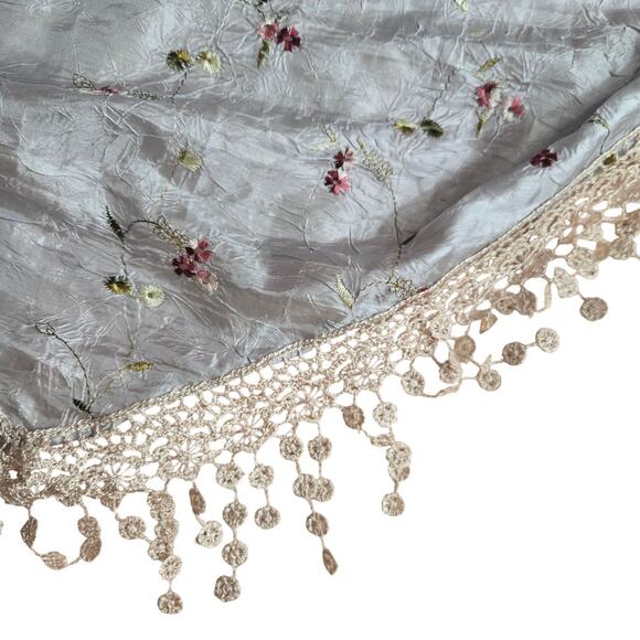 Icy Blue Silk Boho Cottage Hippie Festival Floral Embroidered Fringe Scarf Wrap - Picture 7 of 10